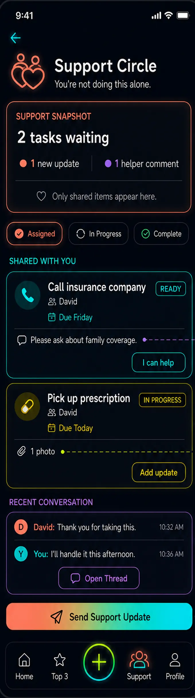 Support Circle screen: two tasks shared with a helper, each with a note, a due date, an attachment, and a recent conversation thread.